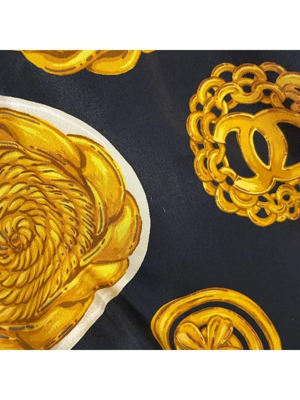 Chanel Scarf Black Dark Yellow Multi CC Logo